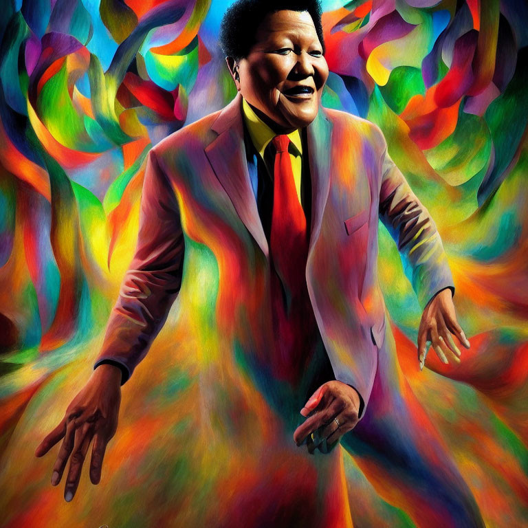 Colorful portrait of a smiling man in abstract suit with swirling patterns