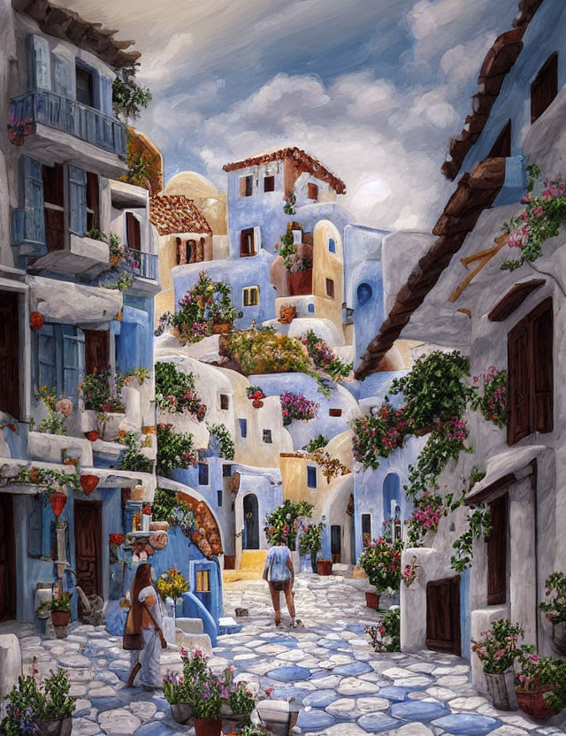 Colorful painting of cobblestone street with traditional houses and figures.