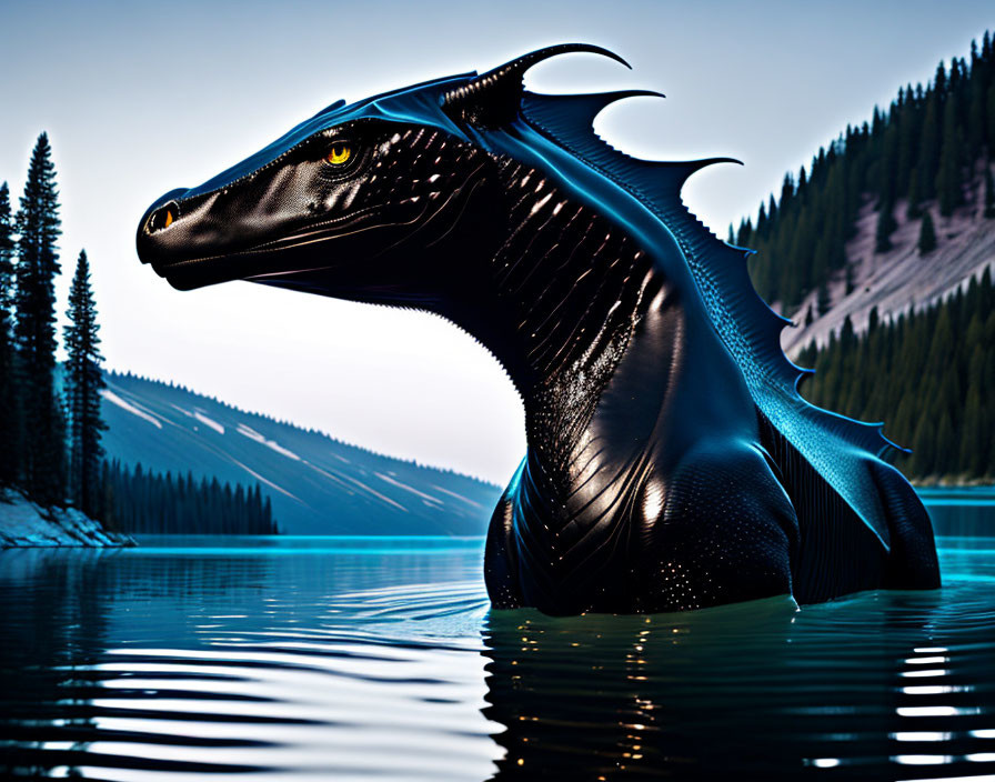 Black Dragon with Yellow Eyes and Blue Crest Emerging from Lake at Twilight