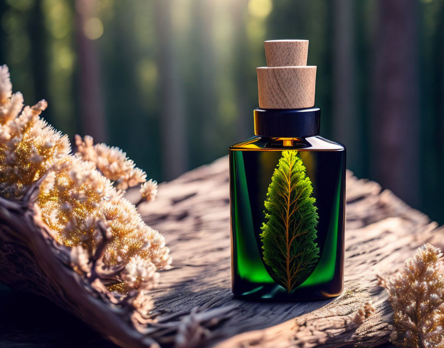 Perfume bottle with leaf design on wooden surface in natural setting