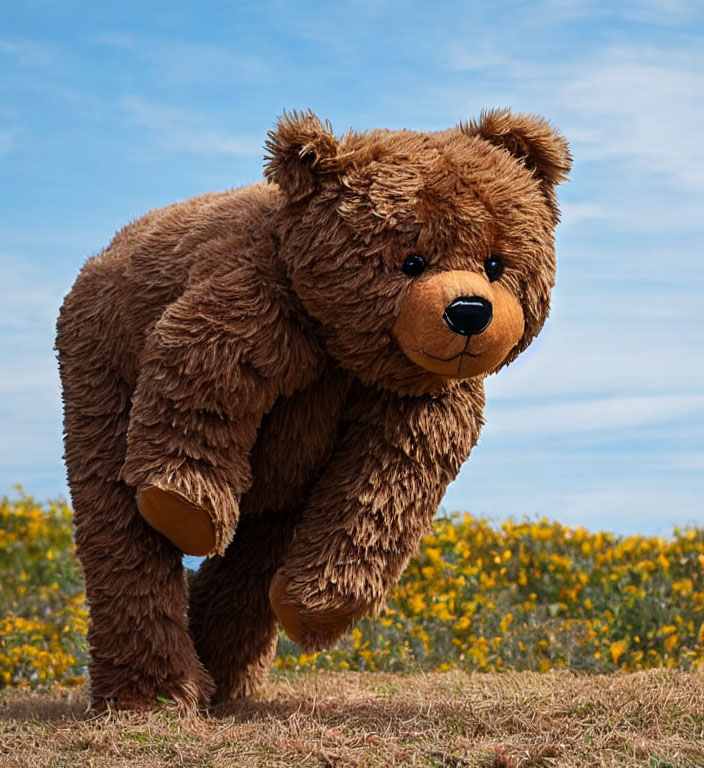 Person in Fluffy Brown Teddy Bear Costume in Field with Blue Sky