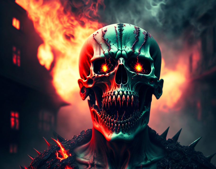 Menacing skull with glowing red eyes and fiery backdrop.