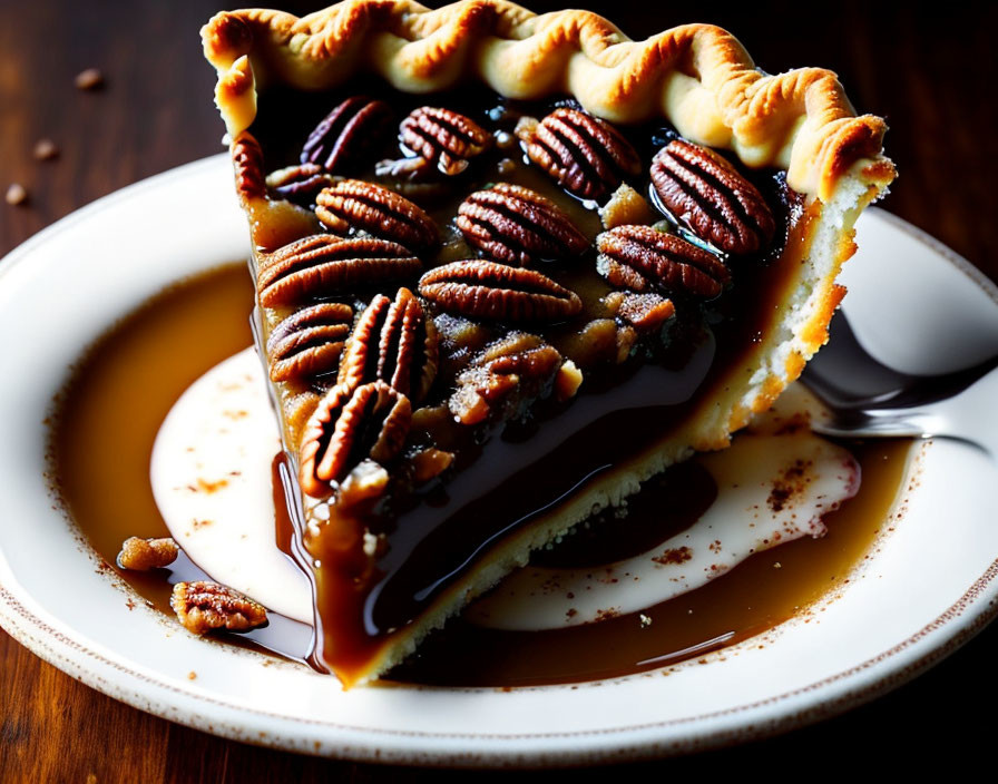 Pecan pie slice with caramel drizzle and whole pecans on white plate