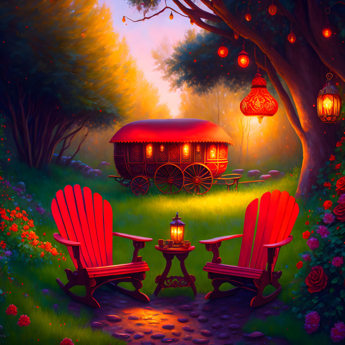 Red Adirondack chairs, table, lantern in magical garden with cozy caravan, trees, lantern