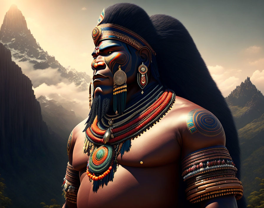 Stylized tribal man with face paint against mountain backdrop