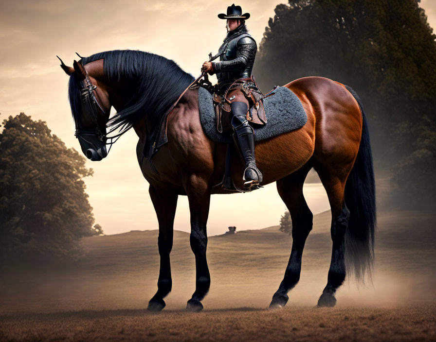 Cowboy on bay horse in traditional attire in open field at dusk