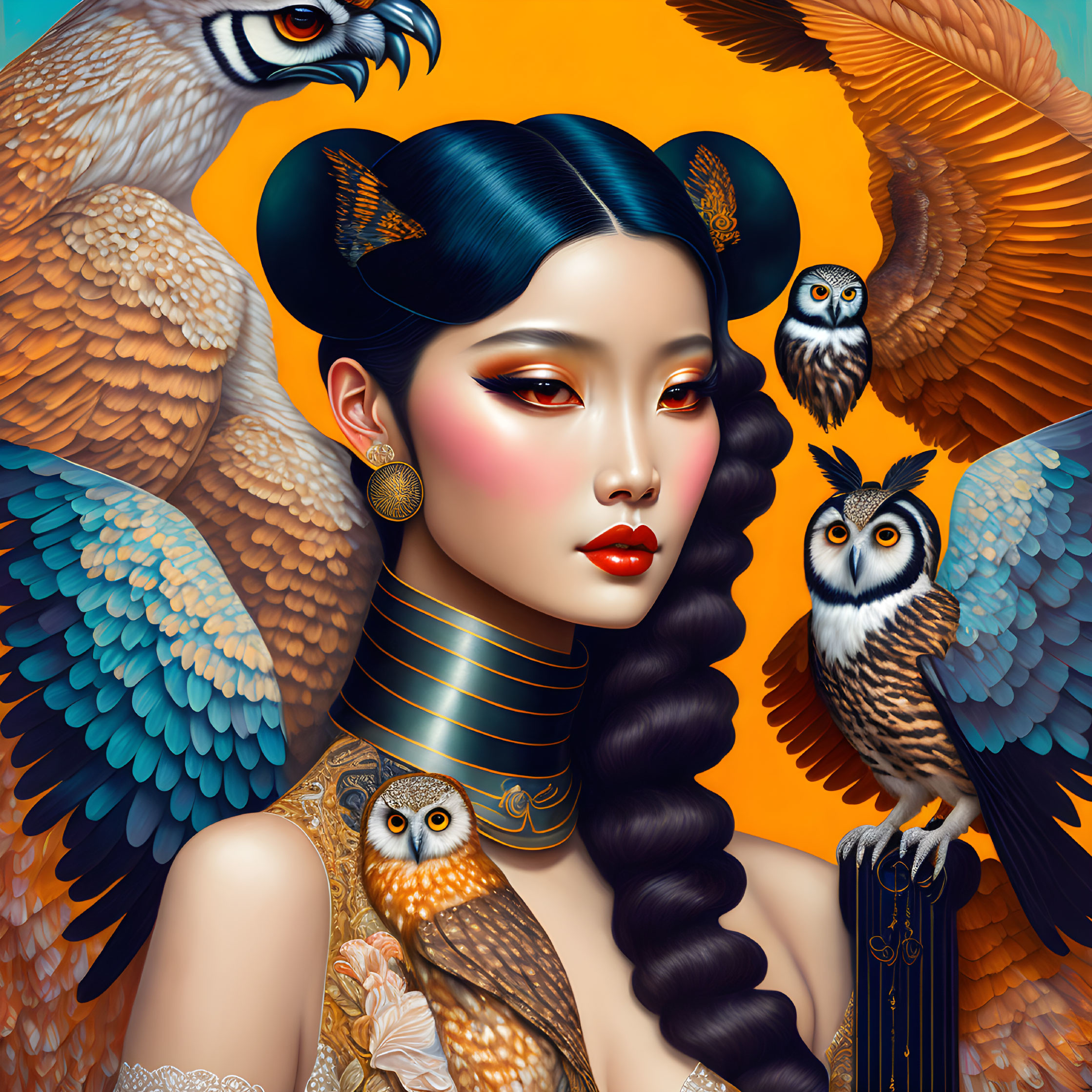 Illustrated portrait of woman with braided hairstyle and bird adornments in serene, mystical setting