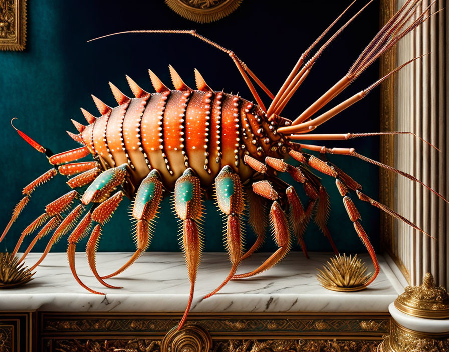 Detailed oversized stylized spiny lobster art in luxurious classical interior