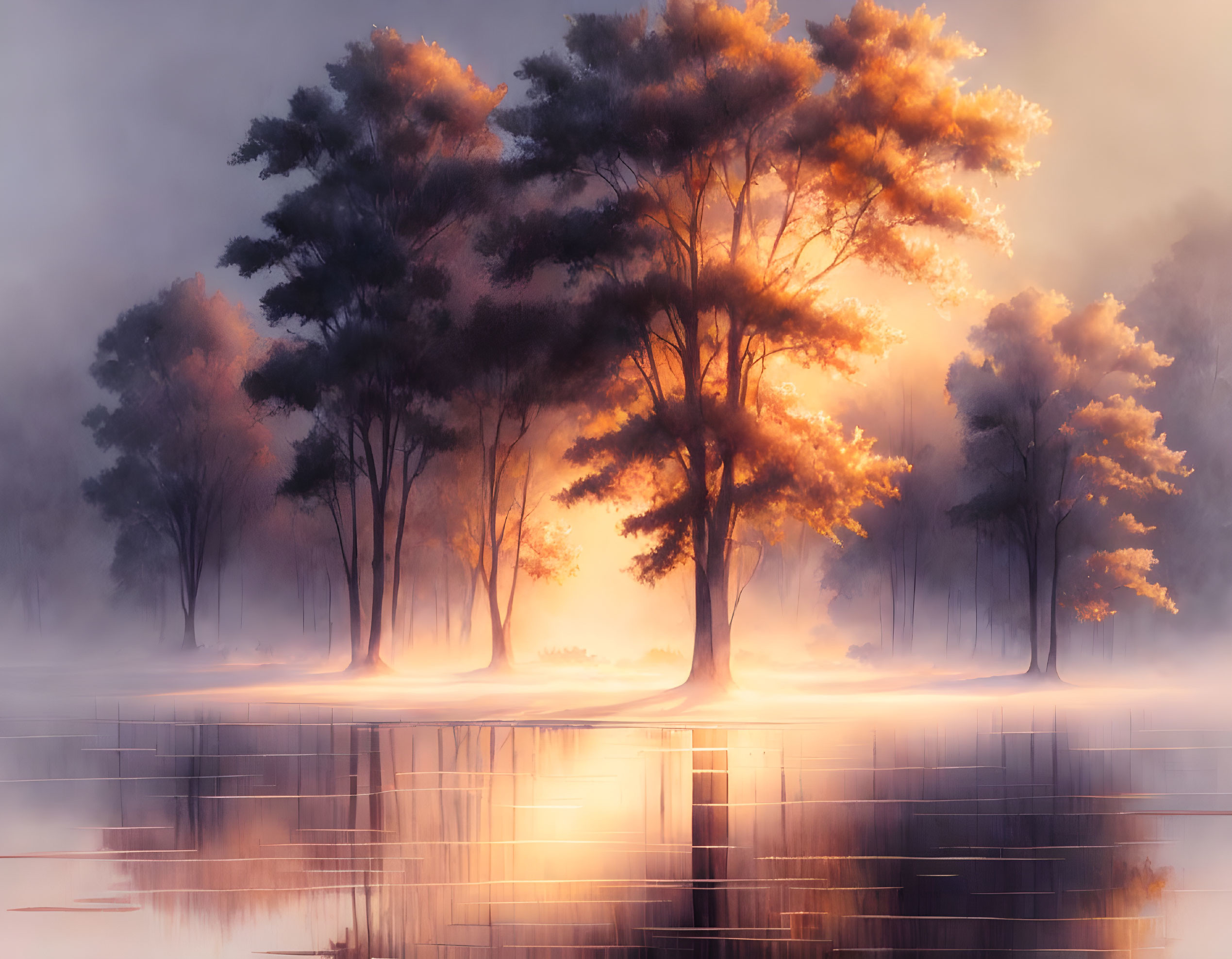 Misty landscape with sunlit trees reflecting in calm water