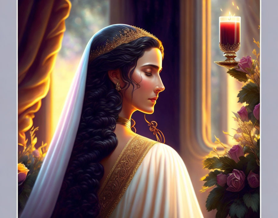 Illustration of woman with long braid and gold tiara gazing out window at sunset.