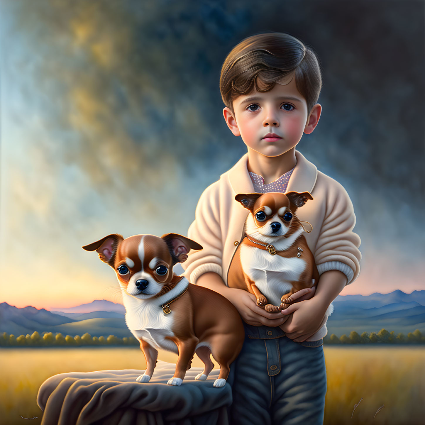 Young boy with Chihuahuas in sunset field landscape