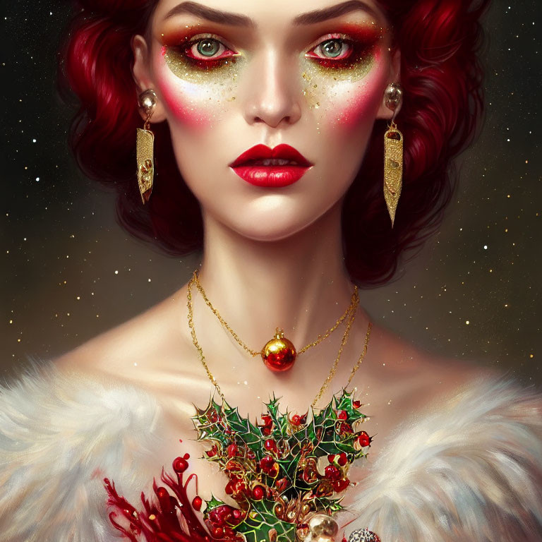 Red-haired woman with gold jewelry and holly sprig on starry background