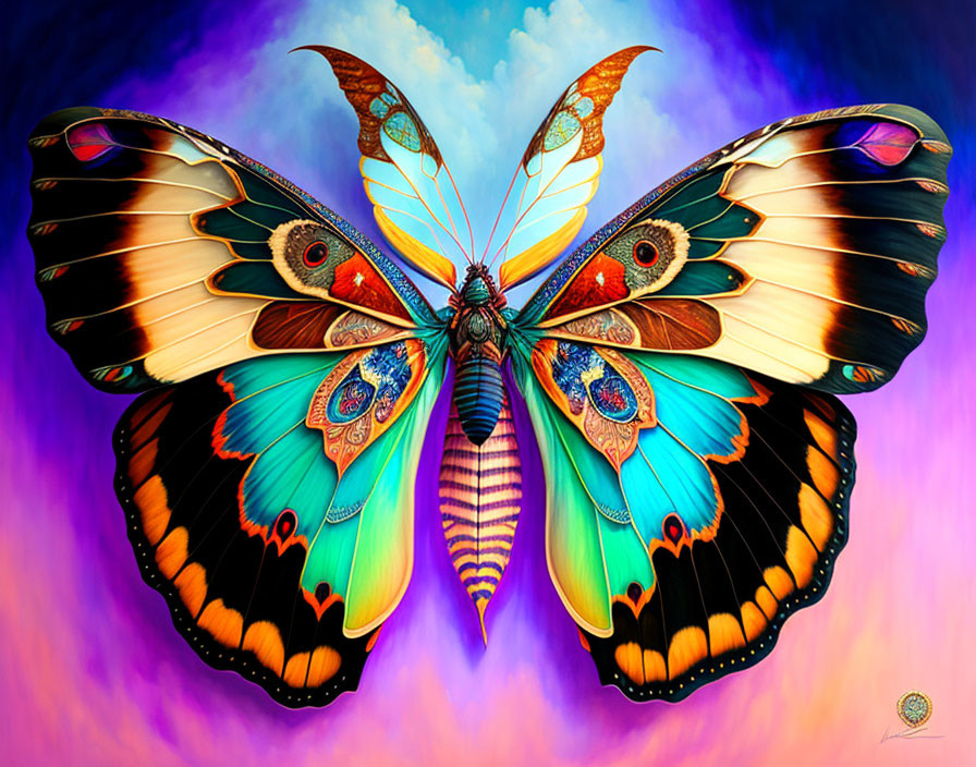 Symmetrical butterfly digital art with vibrant colors on gradient background