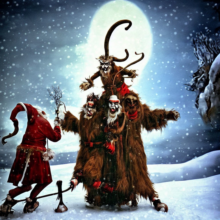 Snowy Scene: Red-Hooded Character with Beastly Figure and Festive Creatures