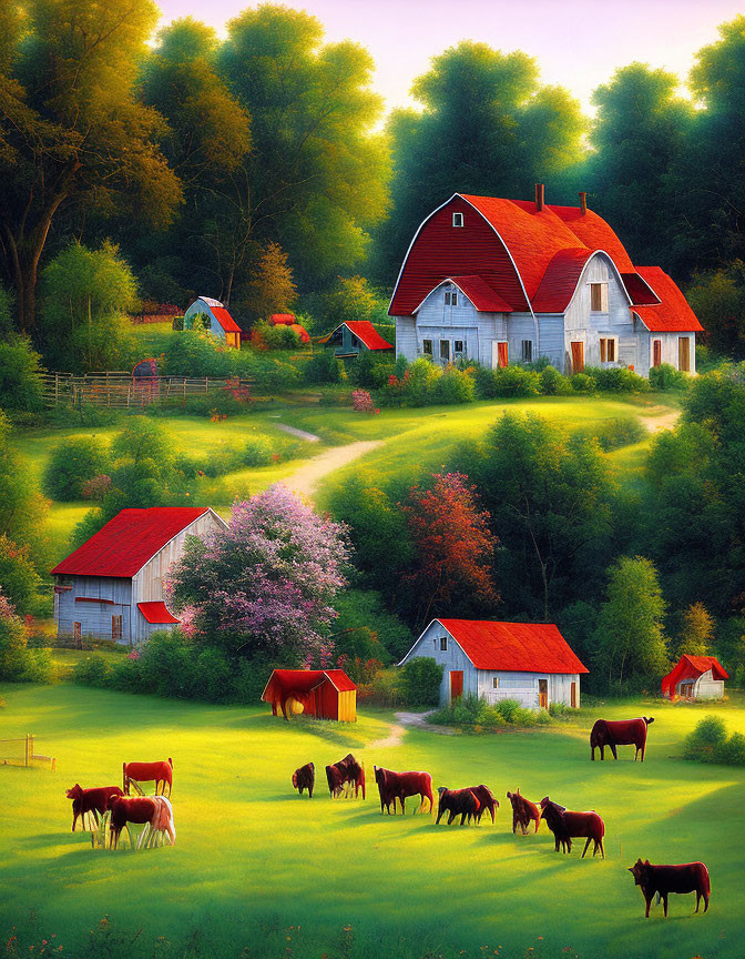 Rural Landscape with White House, Red Roof, Horses, Barns, and Gardens