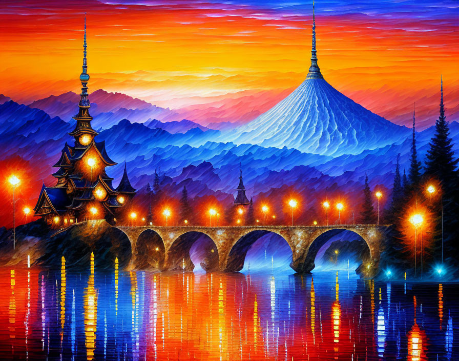 Colorful Oriental Pagoda Artwork with Stone Bridge and Sunset Sky