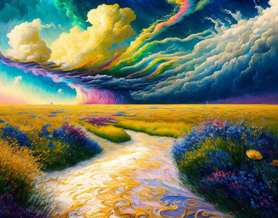 Colorful surreal landscape painting with swirling clouds and flower-dotted field