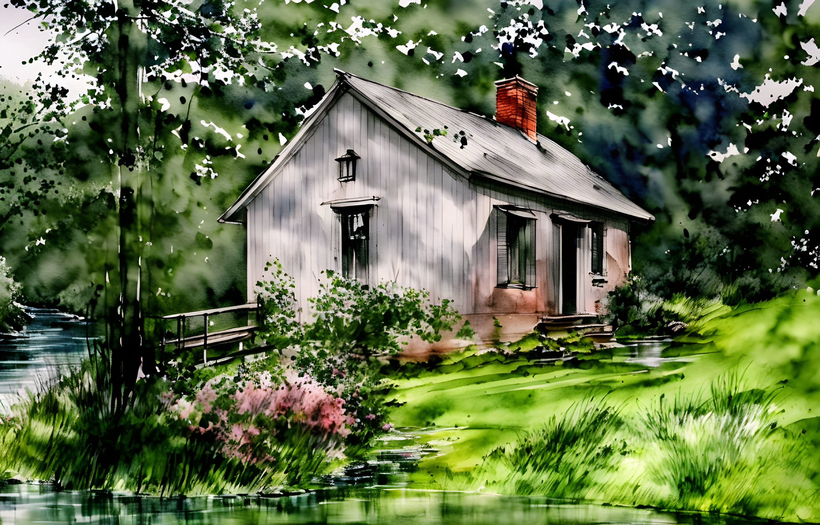 Quaint Cottage with Red Chimney in Lush Green Landscape