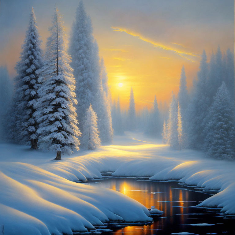 Winter sunset scene: snow-covered landscape with river, frosted pine trees, and glowing sky