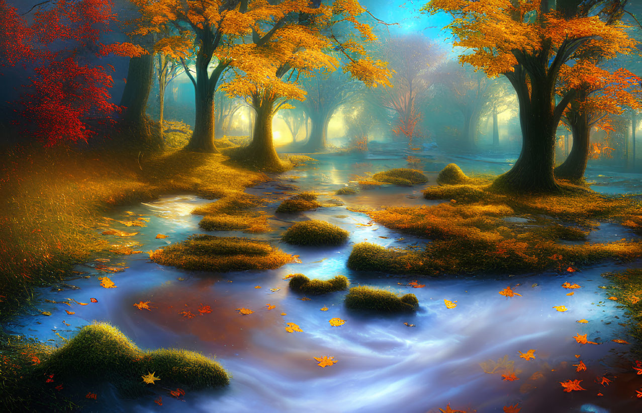 Tranquil Autumn Forest Stream with Vibrant Foliage