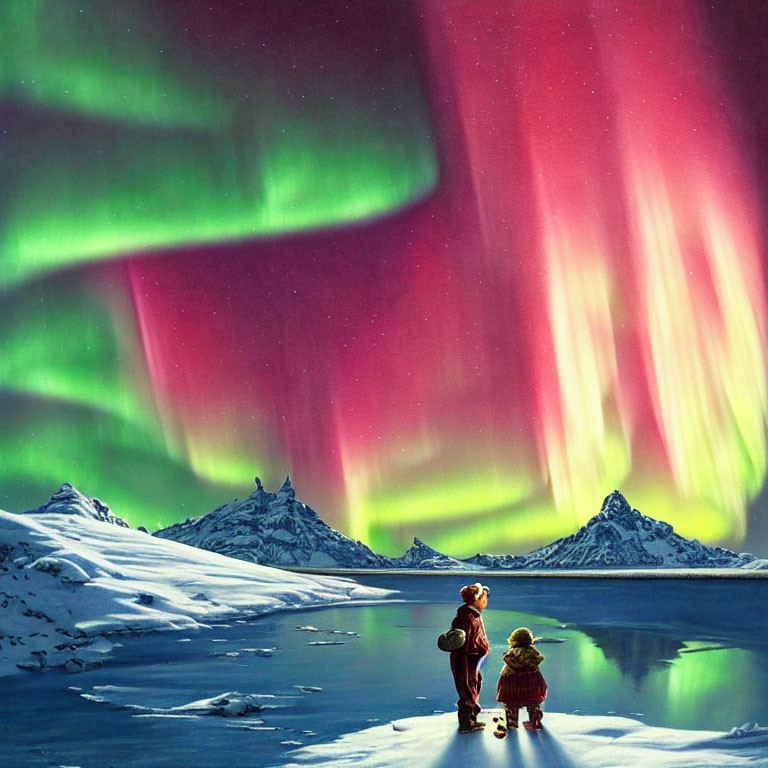 Vibrant aurora borealis over snowy mountains and lake