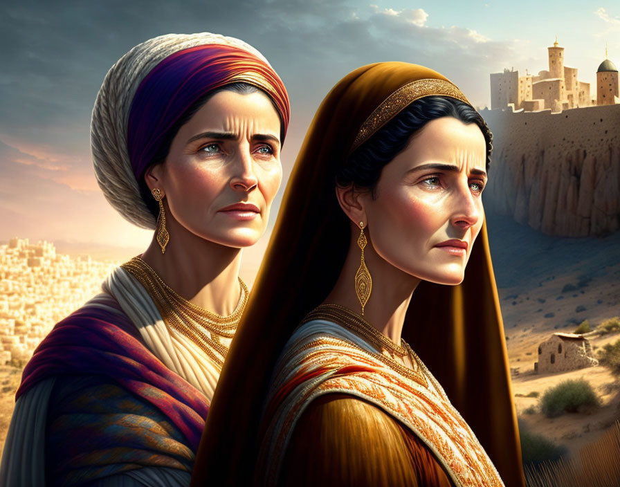 Two women in headscarves with serious expressions against ancient desert city.