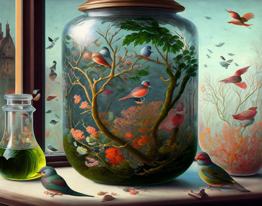 Colorful Birds in Glass Jar Ecosystem with Castle Background