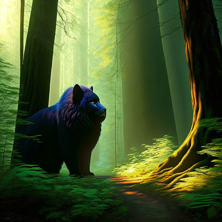 Blue wolf in mystical green forest with sunlight filtering through trees