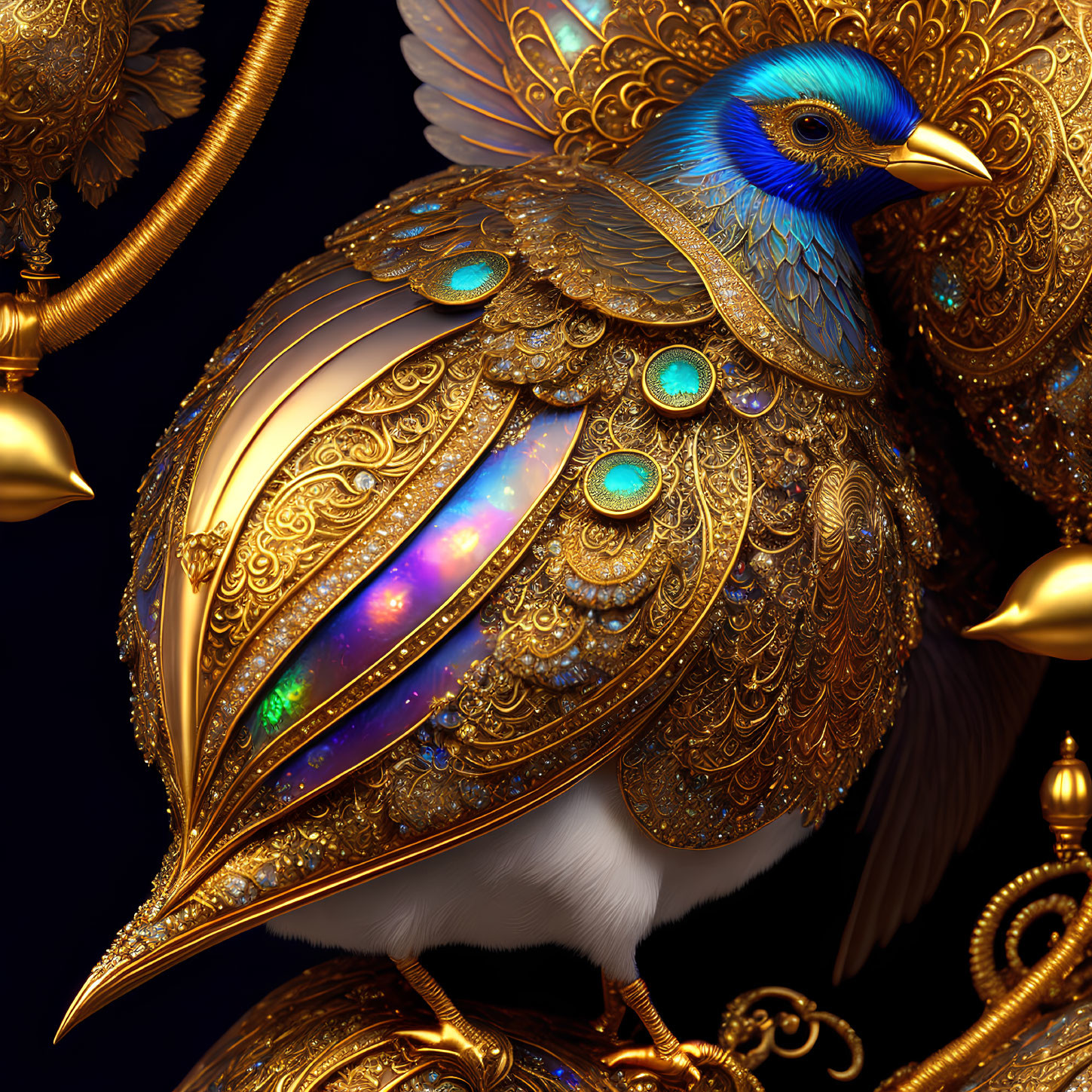 Digital Artwork: Bird with Golden Jeweled Wings on Dark Background
