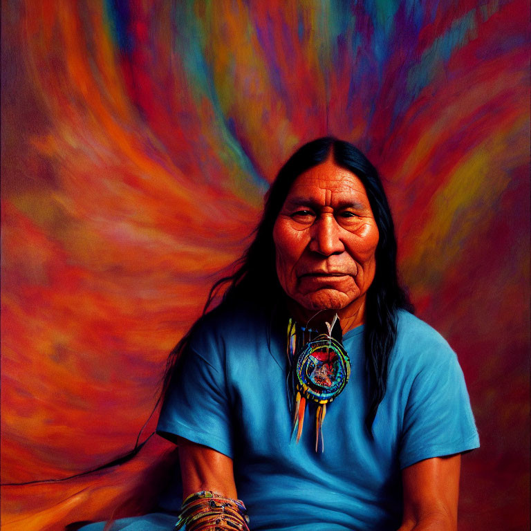 Native American man portrait with long black hair, blue shirt, feathered necklace, bracelets, serene expression