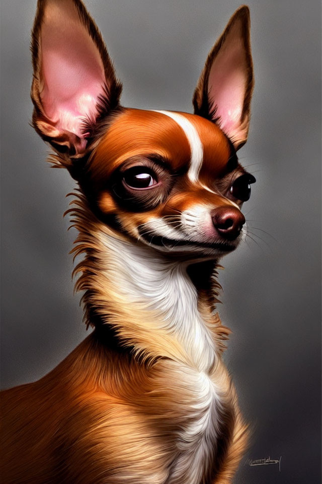 Detailed digital portrait: Chihuahua with large ears, brown and white fur, slight head tilt