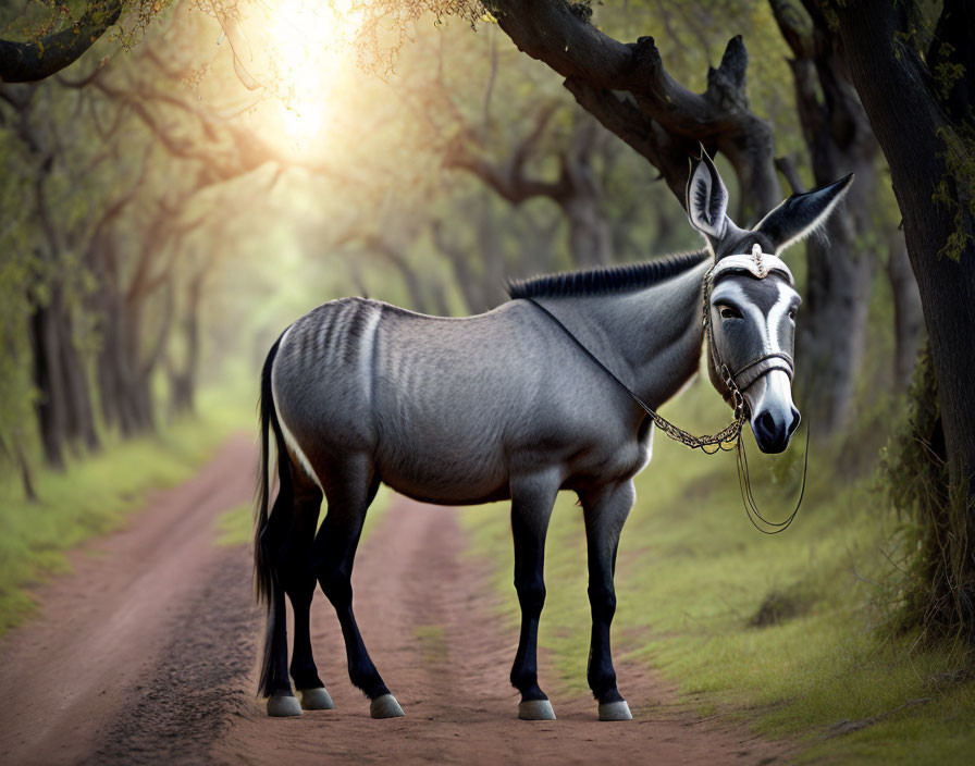 Donkey on dirt path surrounded by lush trees