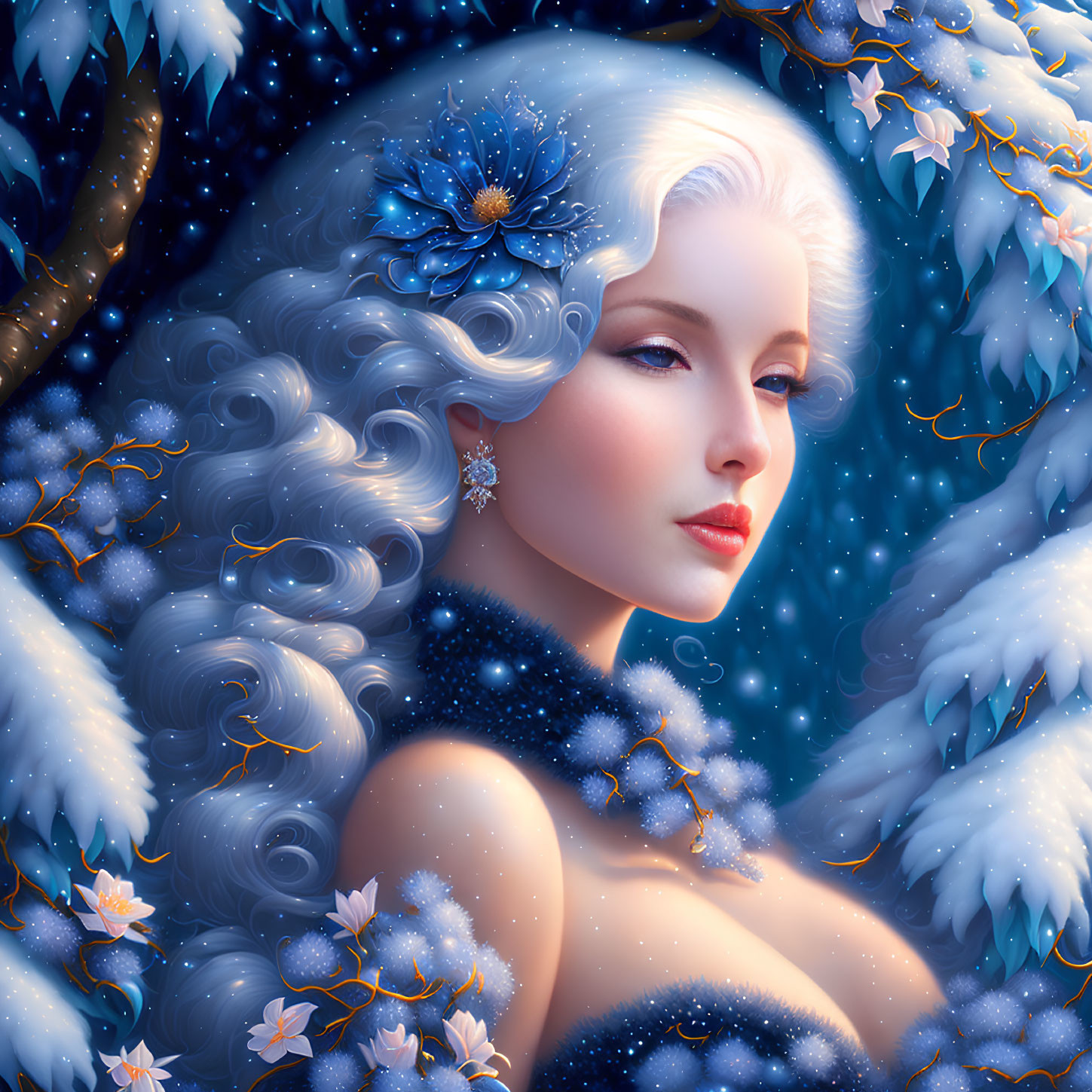 Ethereal woman with white hair and blue flower in winter setting