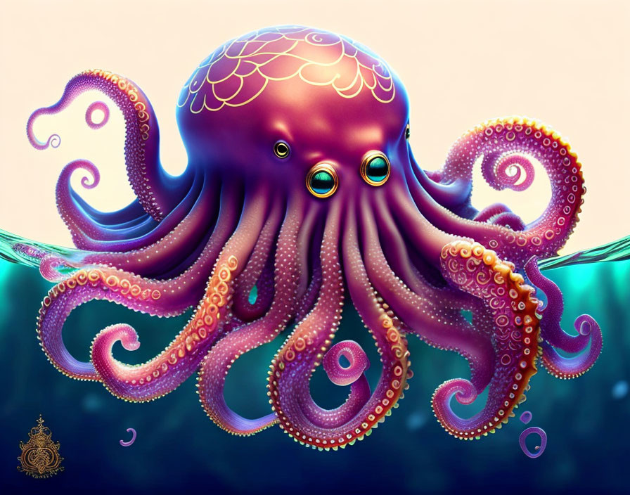 Colorful Stylized Octopus Illustration Submerged in Water