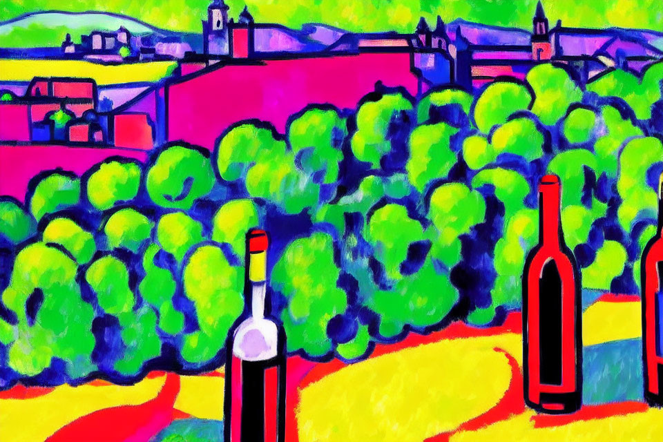 Colorful Landscape Painting with Castle and Wine Bottles