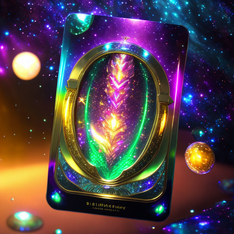 Colorful Cosmic-Themed Graphic in Ornate Golden Frame