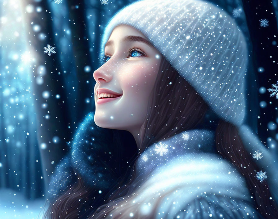 Digital illustration of smiling woman in winter attire in snowy forest