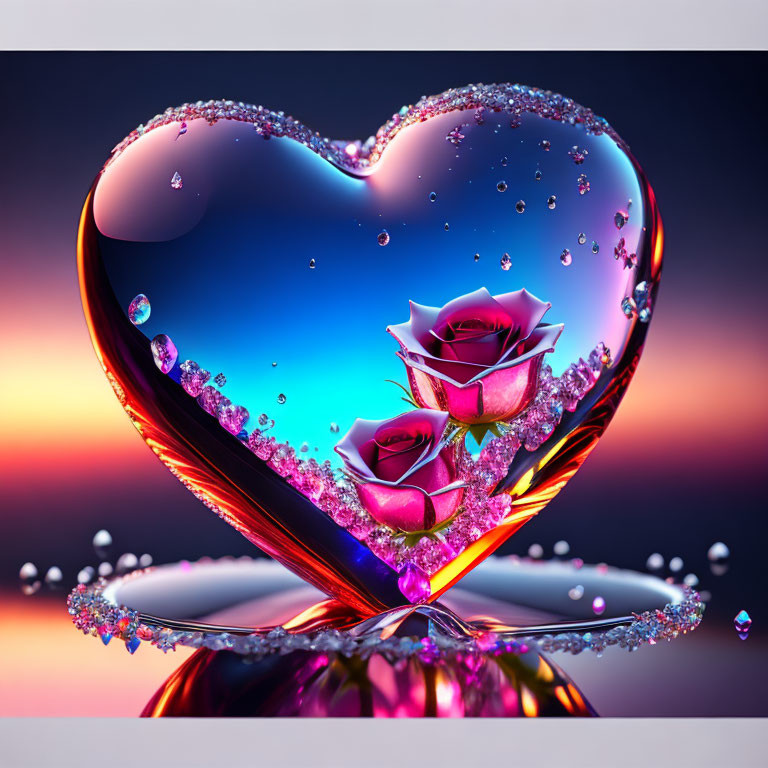 Translucent heart with water droplets, roses, and gemstones on sunset background