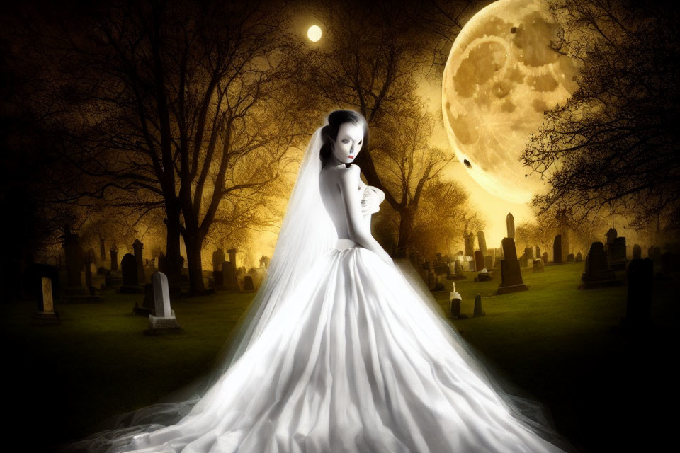 Woman in white gown under full moon in graveyard