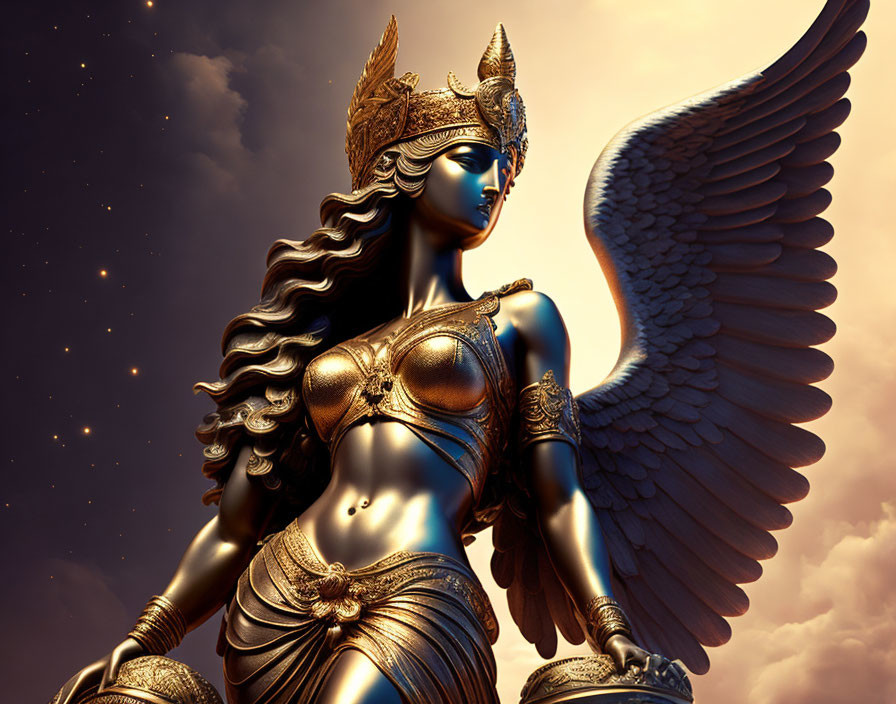 3D digital artwork: Winged female warrior in golden armor under starry sky