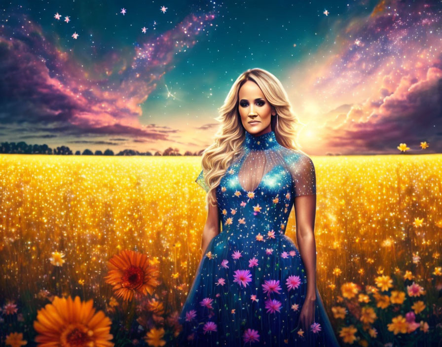 Digital artwork: Woman in galaxy dress, starry night sky, vibrant flower field at sunset