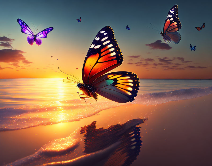 Vibrant butterflies over tranquil beach sunset.