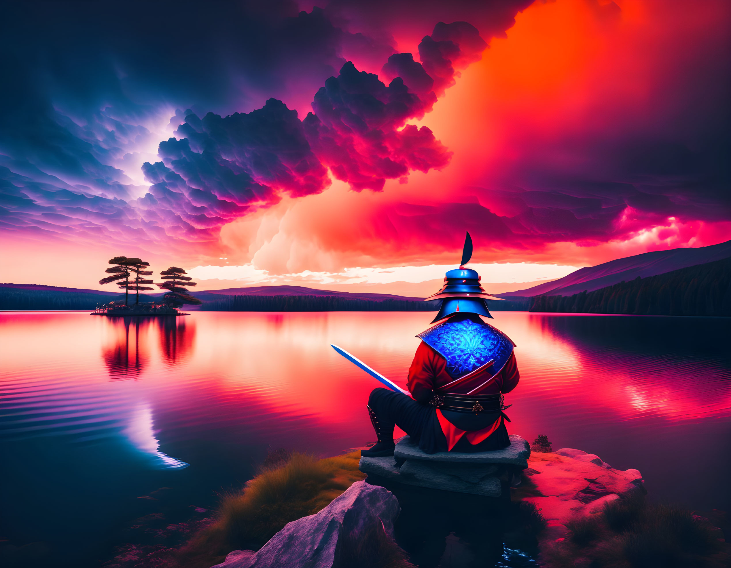 Samurai in traditional armor by serene lake at sunset