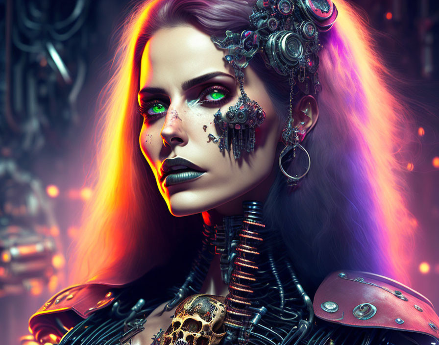 Detailed Female Cyborg Artwork with Multicolored Hair & Intense Eyes