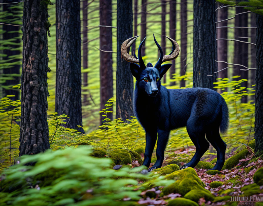 Black mythical creature with horns in lush green forest.