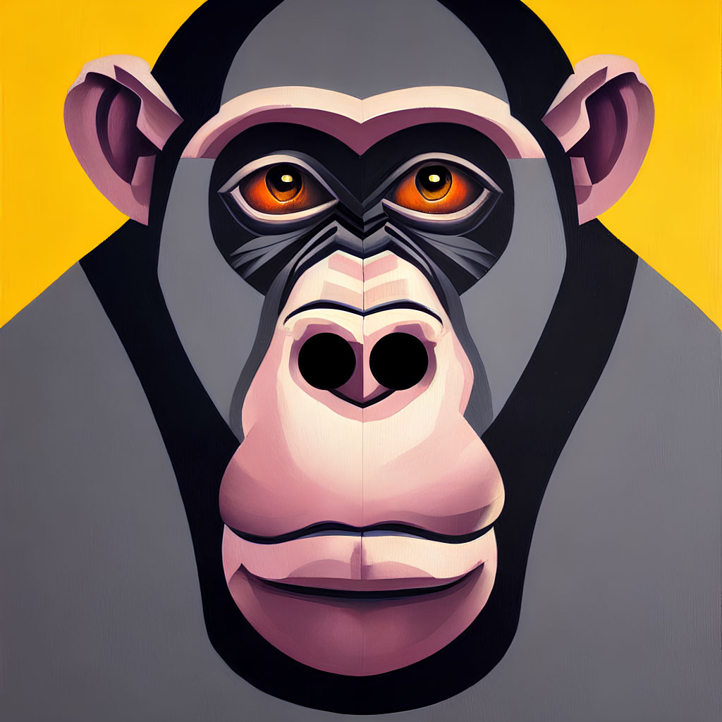 Vibrant chimpanzee face illustration with geometric shapes on yellow backdrop