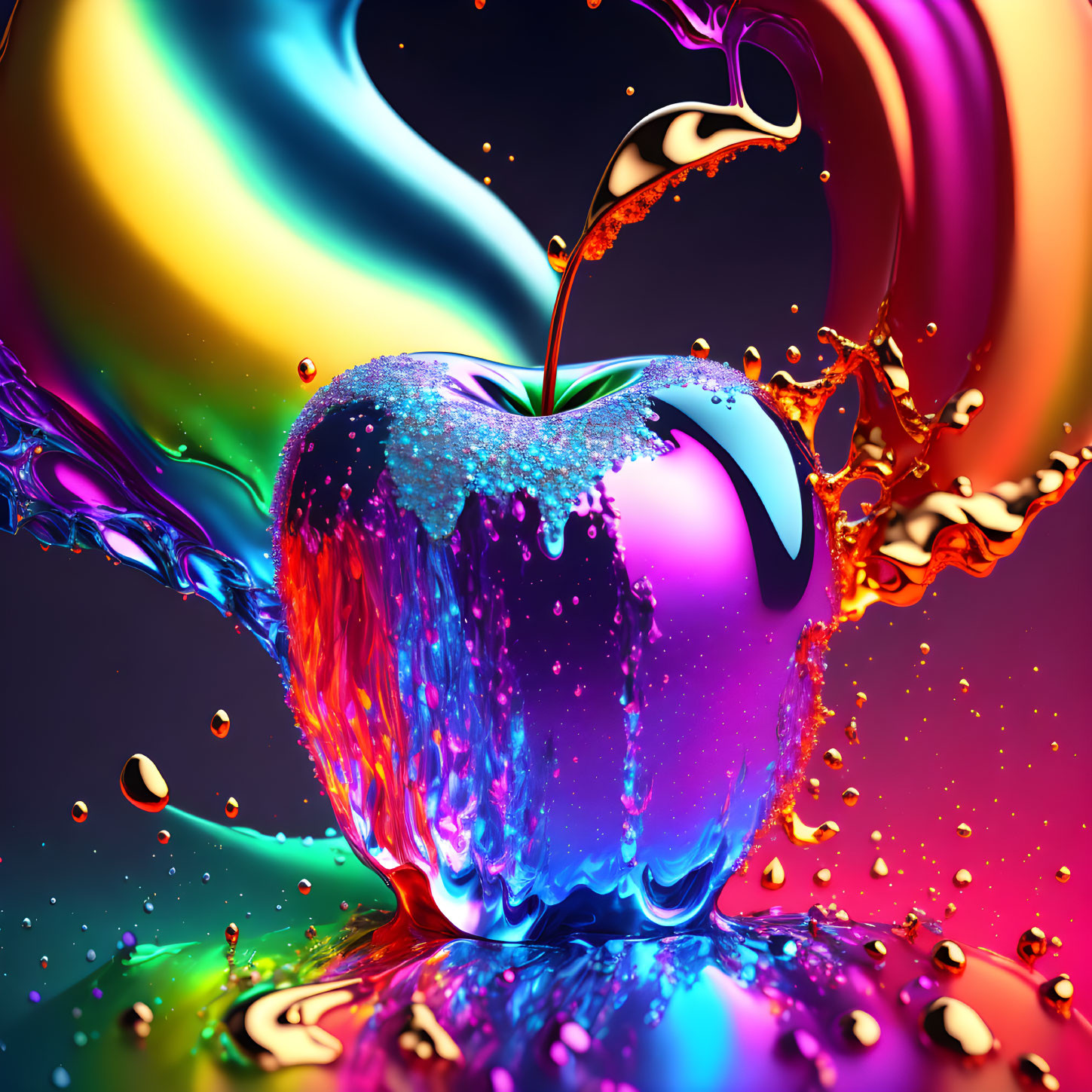 Colorful Apple with Dynamic Liquid Splashes on Multicolored Background