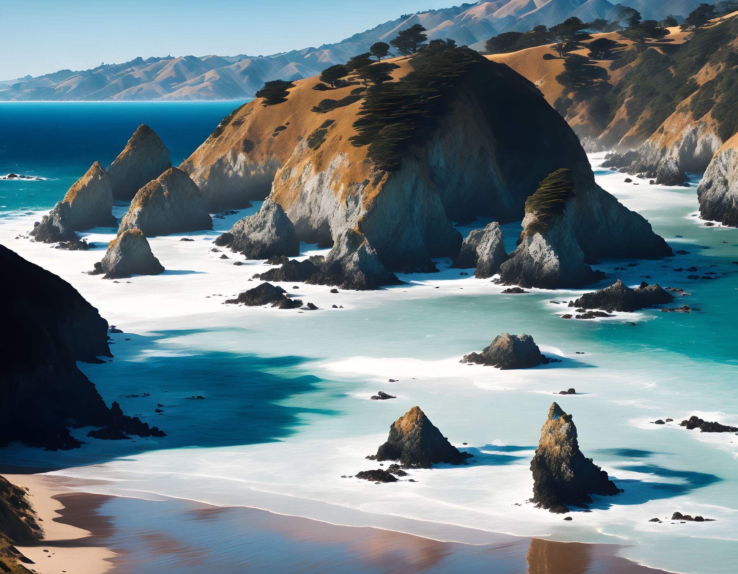 Majestic Coastal Landscape with Cliffs, Rock Formations, and Sandy Beaches