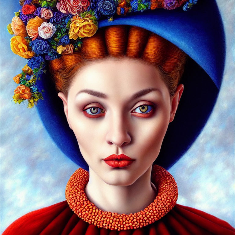 Colorful portrait of woman with floral headdress and blue hat, intense gaze and detailed attire