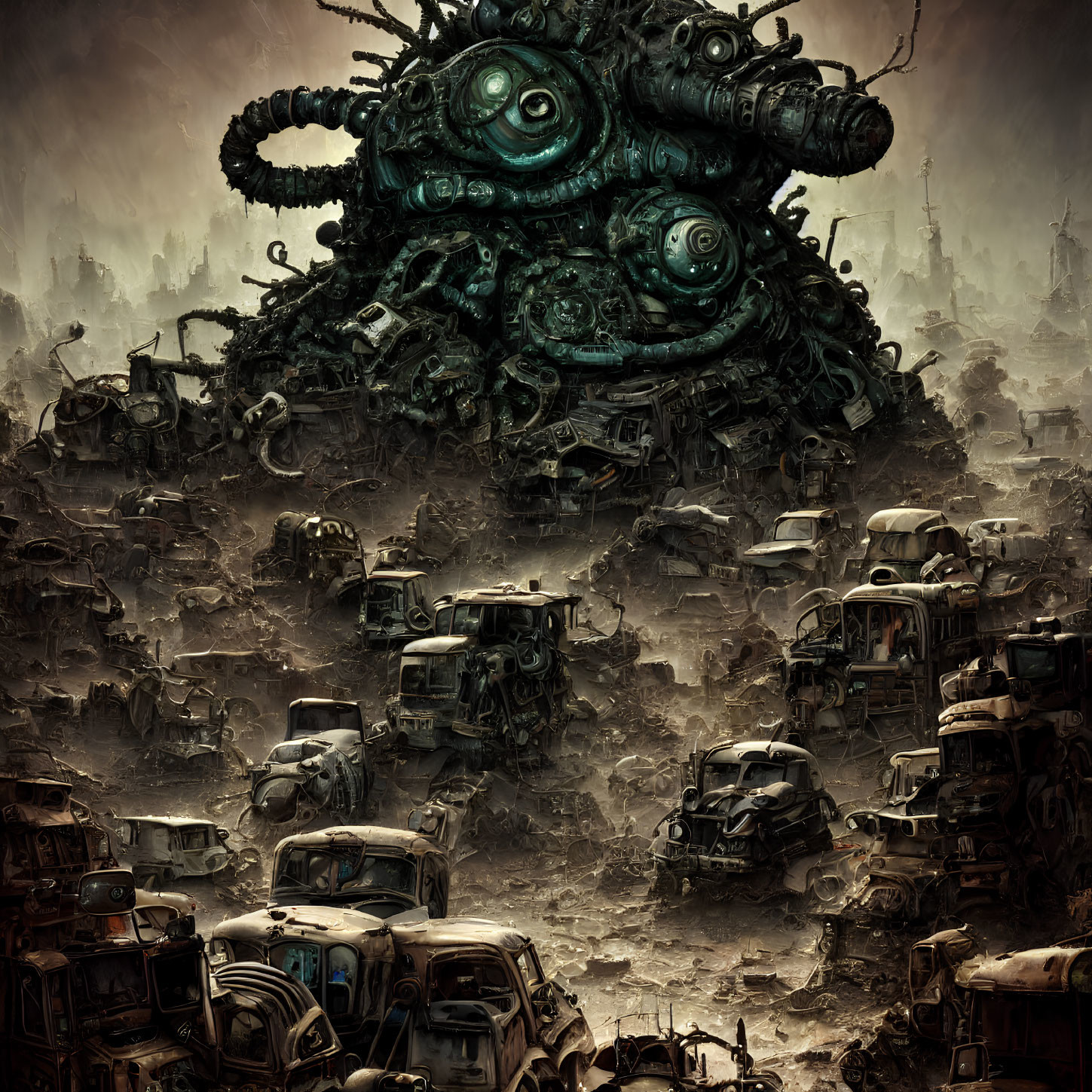 Gigantic mechanical entity with tentacles in dystopian landscape